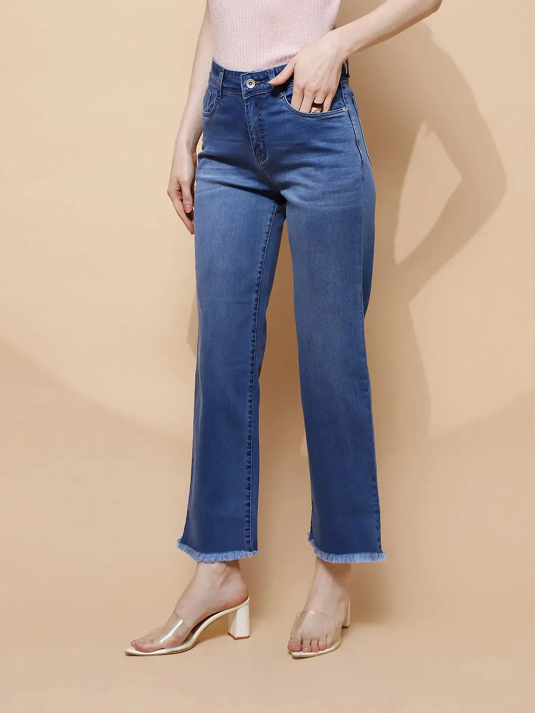 Blue Cotton Blend Straight Relaxed Fit Jeans For Women